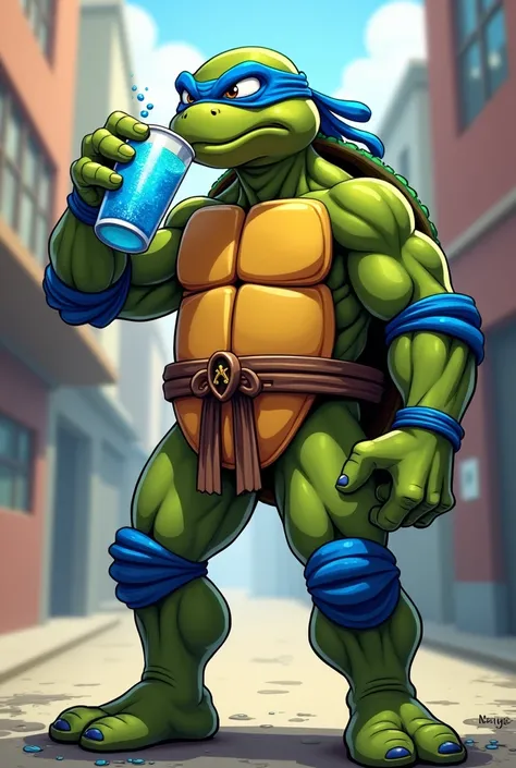 A ninja turtle standing (Leonardo), drinking a blue one with residue around his mouth. Animated style (cartoon)
