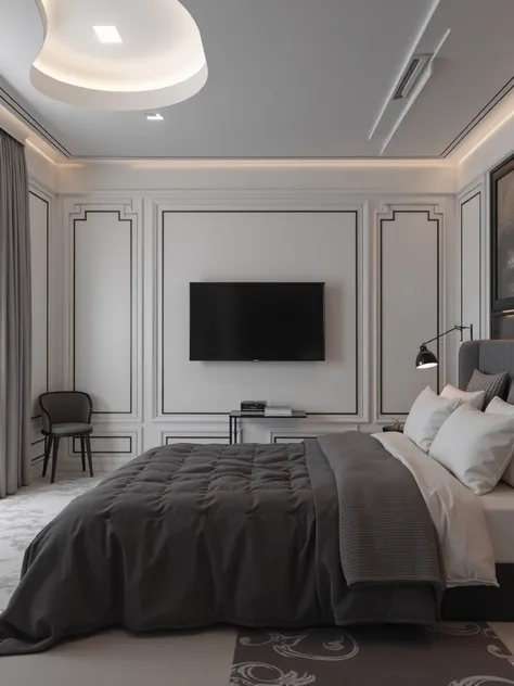 Rich and facy decor with withe and black marble. Bigger tv. Queen-size bed. Tiny room