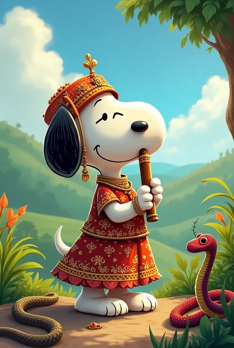 Snoopy，wear indian clothing，Playing the flute，snake