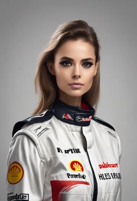 Generates the image of a chick dressed as a Formula 1 racing driver