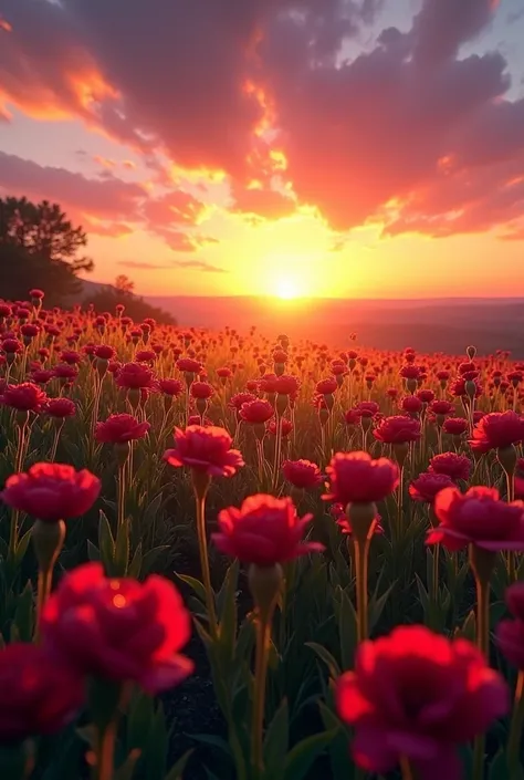 A sunset meadow full of dark carnations
