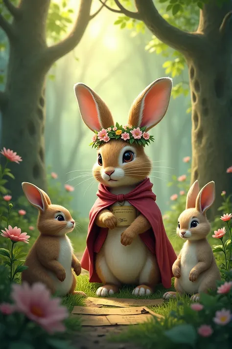 commun A Clever Rabbit Solving Riddles:

"A wise and clever rabbit with a thoughtful expression, surrounded by forest animals, solving riddles written on scrolls in a magical forest setting."
The Rabbit Being Crowned King:

"A joyful scene where a clever r...