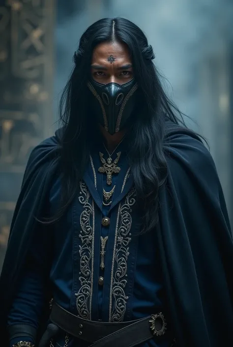 A grown American Native man with long, flowing black hair, dressed in luxurious mage attire consisting of a deep blue tunic adorned with intricate silver embroidery, paired with dark leather boots and a black cape with subtle velvet textures, his facial fe...