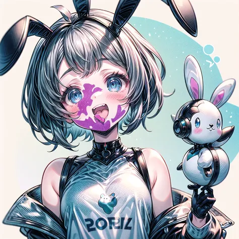 Pastel Theme、1 cute girl、blue eyes、Pink bob cut、Bunny ears、Laughing with your mouth open、Tilt your head、Upper Body、Fashionable、Futuristic clothing、Futuristic fashion decoration、（White background：1.2）、whole body、Choker、V on head、A blue rabbit on his shoulde...