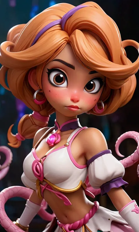 a cute Yuna, 2, wearing a sexy magical girl costume, amazing butt, striking magical action poses with lots of special effects, confronting an evil tentacle demon, camera angle is low, focus on Yunas butt, detailed facial features, intricate costume design,...