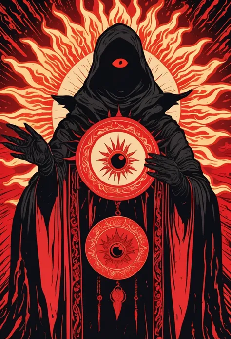 Black light poster, red flames in the background, a sun medallion in its hands, A hand-drawn illustration of an anthropomorphic Wearing black robes and black gloves and holding creature with eyes