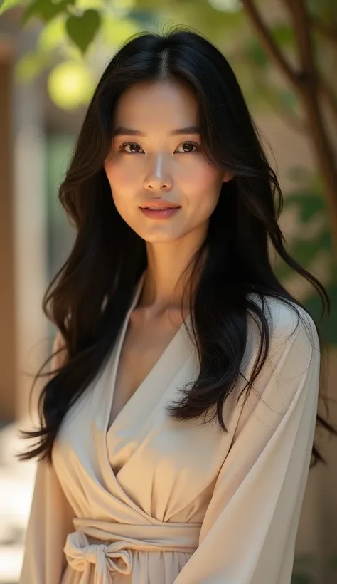 Beautiful Korean woman in her 40s, facing forward. Full body shot, natural background, warm lighting, You are wearing a dress.