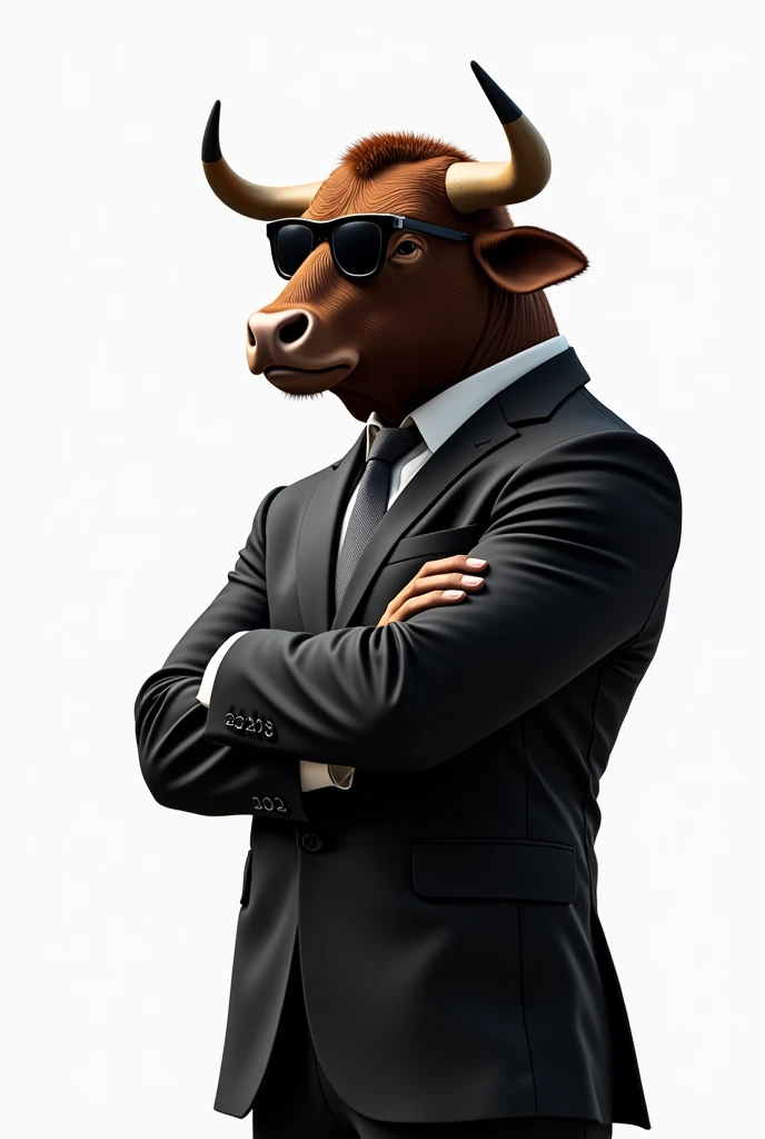 a tall bull, brown, small horns, small snout, wearing a black suit, black sunglasses, brave face, arms crossed, side photo perspective, photo in 8k, white background