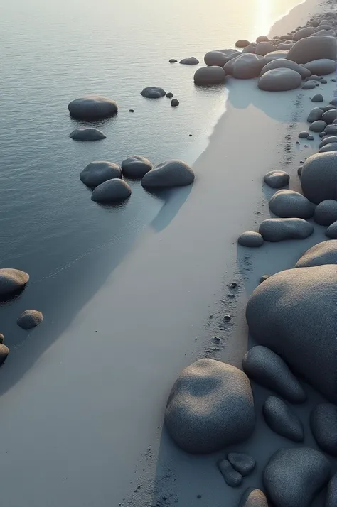 Create a gray beach with black rocks seen from above like a game map 