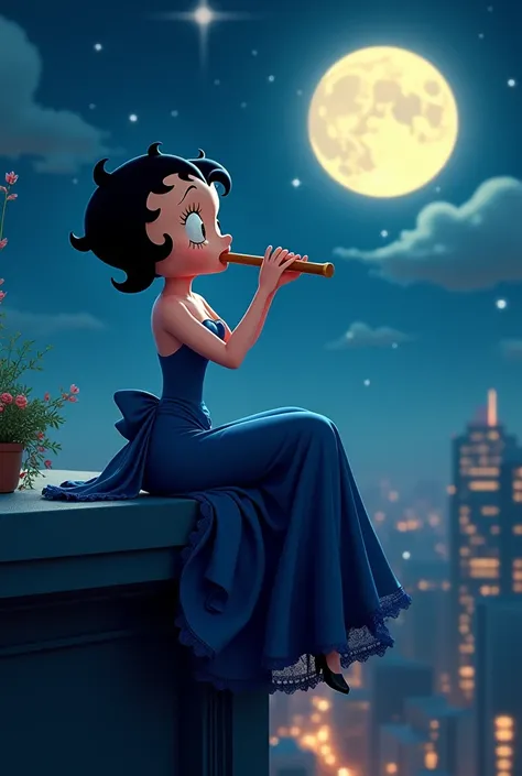 Bettyboop, sitting on the roof，Playing the flute，Look at the moonlight，Wear a navy dress