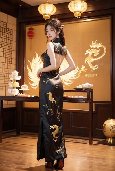 
"An elegant Chinese woman with a slender figure and small chest, standing gracefully. She has long light brown hair, black eyes, and perfect hands. She is wearing a traditional Chinese cheongsam embroidered with dragon and phoenix patterns. The fabric loo...