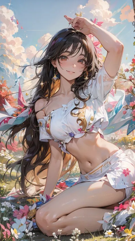 One girl, solo, Long Hair, High resolution, Black Hair, smile, Close your mouth, とてもLong Hair, Bangs between the eyes, Sparkle Effect, masterpiece, Anatomically correct, 