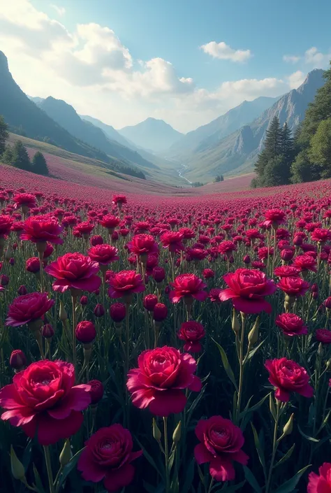 A meadow full of dark-colored carnations
