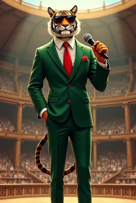 I would like a tall and slender tiger wearing a green suit with a red tie, holding a microphone in one hand, and wearing sunglasses. He has formal shoes, and I would like the background to be an arena.I would like it to be in a mature style, with the art i...