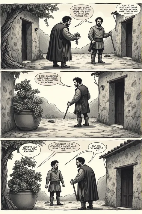 **Create an 8-panel comic about the grape bunch scene from *Lazarillo de Tormes*. Here are the descriptions for each vignette:**

**Viñeta 1:**
- **Description:** A blind man and a young man in a medieval setting. The young man shows a bunch of grapes to t...