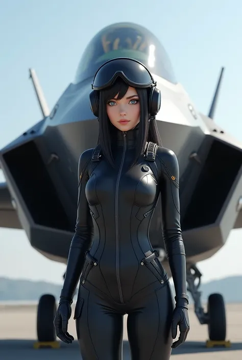 a cute woman standing in front of a F 35,wearing pilot modern helmet,cgsociety contest winner, cyberpunk art, wearing black suid pilot, ig model | artgerm, perfect military composure, raiden metal gear, cute pilot girl, 2b, photorealistic anime girl render...