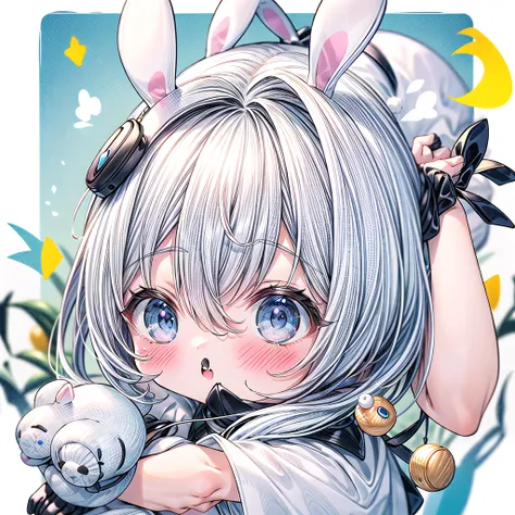 A cute little guy wearing a rabbit costume、fluffy、Loose、pastel colour、Highest quality、Masterpiece、Milky white hair color、kawaii tech,