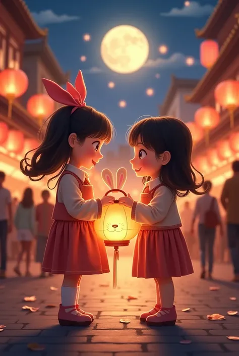 As the boy continues his walk, he spots a girl about his age, standing a few steps away. She’s holding a beautiful rabbit-shaped lantern, its soft light casting playful shadows on her face. The girl looks curious and a bit shy, but her eyes light up as the...