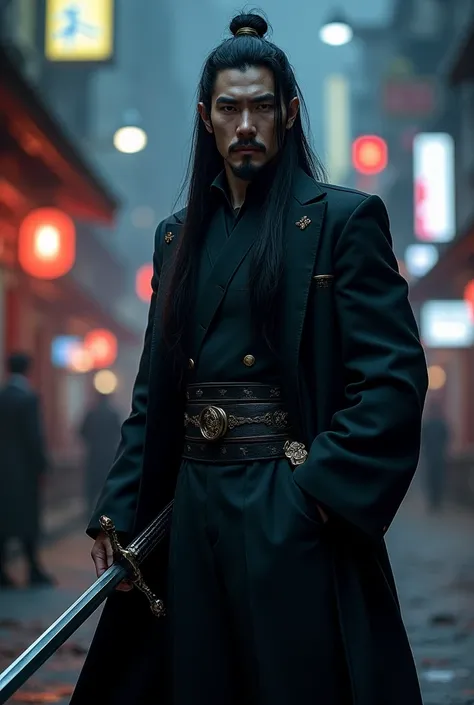 A tall Chinese man, with her face covered by her long hair, holding a sword with a pistol in his pocket, all black and elegant outfit, white and shiny skin. In a night scene of a city in Thailand