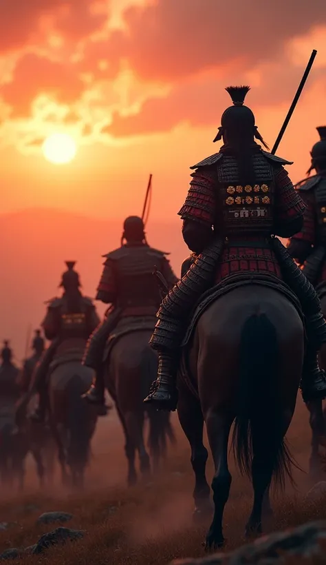 Japanese cavalry during the Warring States period,Many samurai on horseback,Waiting on a distant hill,The camera is looking up from below,Realistic texture, Cinema Lighting, Ultra-Realistic Details, Realistic