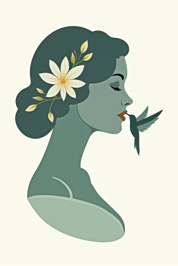 A logo with the silhouette of a woman with a flower in her hair and a hummingbird sucking on the flower




