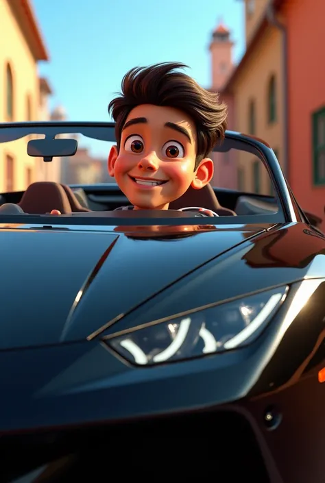 Make a pixar style profile picture with a young man sitting in a black Lamborghini and the name MICHAEL very nice 
