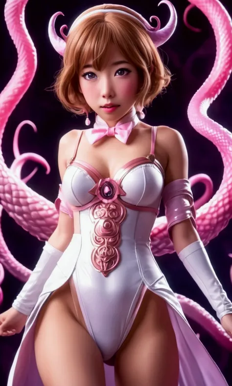 a cute Yuna, 2, wearing a sexy magical girl costume, amazing butt, striking magical action poses with lots of special effects, confronting an evil tentacle demon, camera angle is low, focus on Yunas butt, detailed facial features, intricate costume design,...