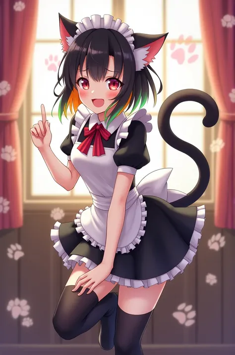 1girl, solo, multiple colored hairs, maid, black cat tail, smile, black thighhigh, leaning forward, leg up outside, charm posing, paw, paw stamps, paw stamps, paw stamps background, Naked without clothes