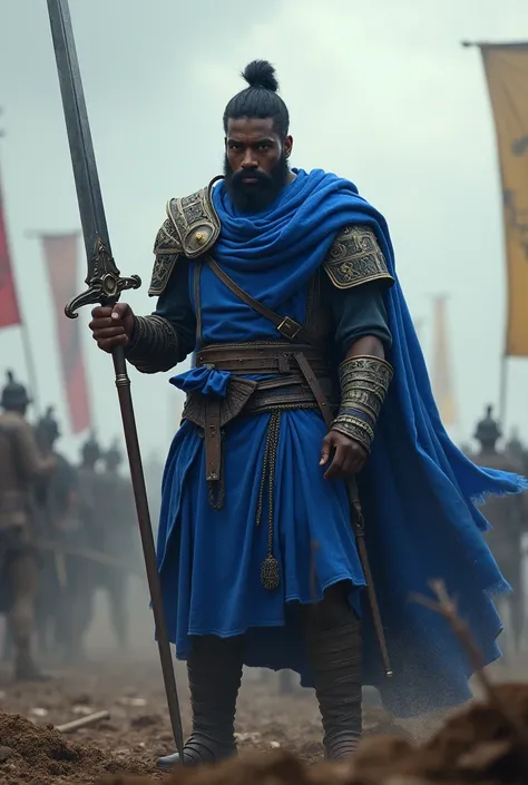 A black soldier of ancient times in blue clothing with his sword on the battlefield 