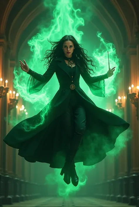 Leta Lestrange using Zoe kravitz wrapped in beautiful green flames from her wand floating above hogwarts great hall