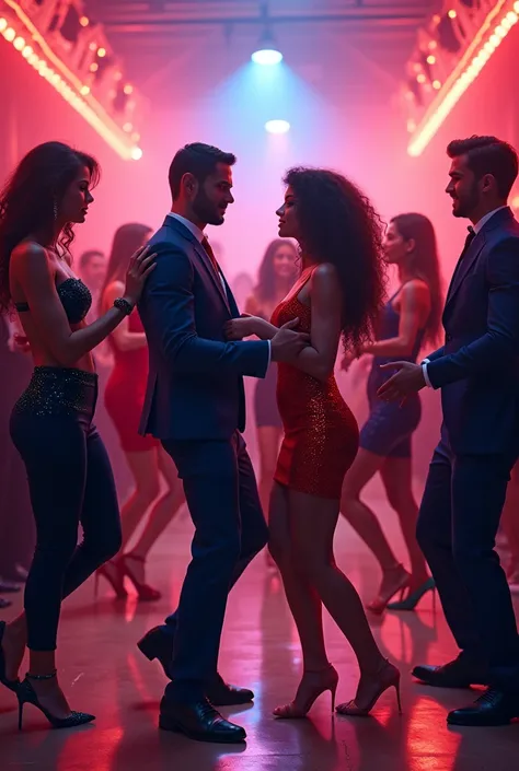 Men and women in shiny party clothes posing on the dance floor dancing in a nightclub with great lighting 