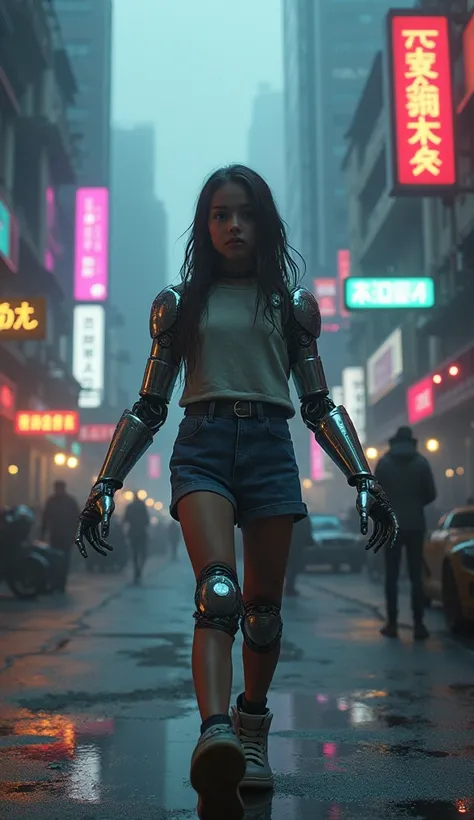 Ana is a girl with robotic arms in a cyberpunk setting. 