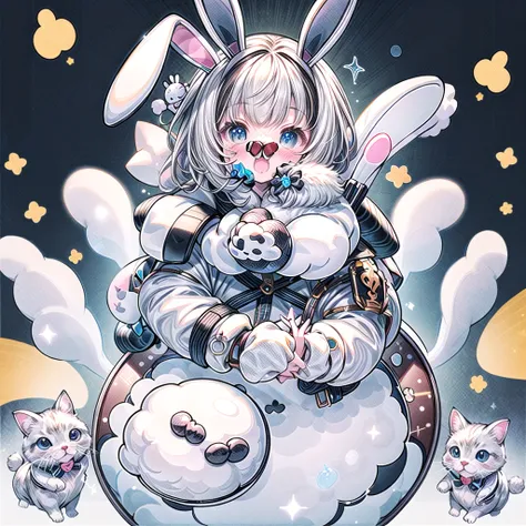 a cute little guy wearing a rabbit costume、fluffy、loose、pastel colour、highest quality、masterpiece、milky white hair color、kawaii ...