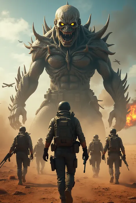 Make thumbnail for pubg ..where my teammates fighting against monster holding AKm in desert and monster is hacker who can crash planes and show blast planes in this 
Please create monster as terrible 