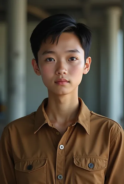 
I would like a picture of a teenage student, around 19-20 years old, wearing a brown engineer-like shirt, who is Thai.