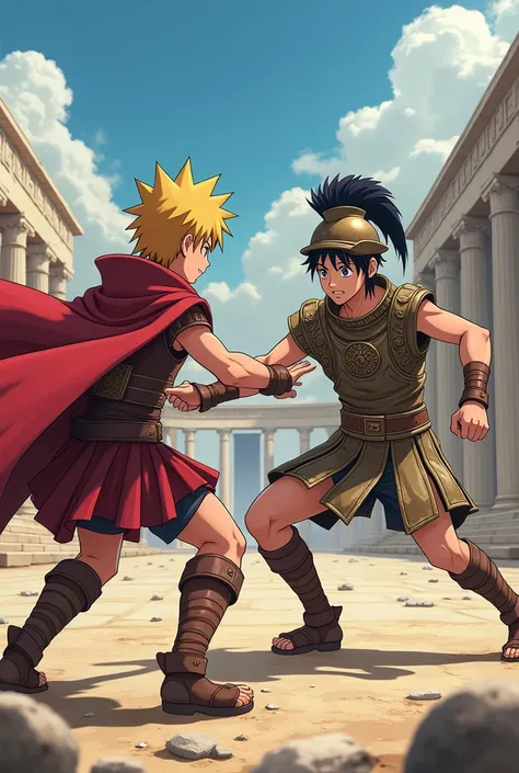 "Depict Naruto Uzumaki, rendered in anime style, engaged in a combat training scene with Achilles and Patroclus as his mentors. Naruto, a 1 boy and son of Zeus, is clad in traditional Spartan armor, including a bronze cuirass, a red cape, a plumed helmet, ...