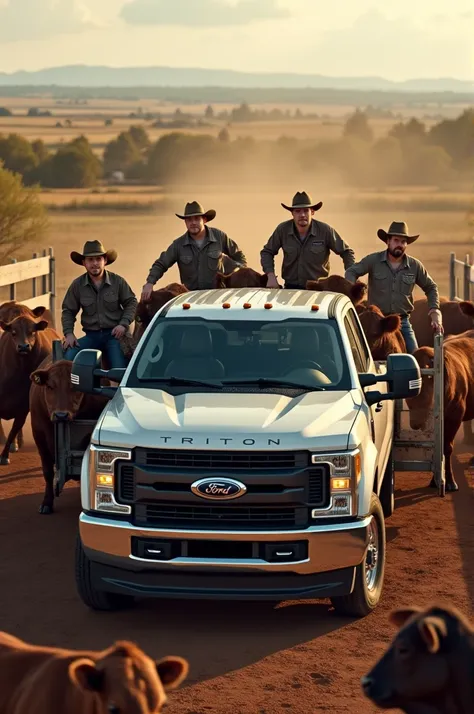 Four young entrepreneurs with a Ford Triton Super Duty truck loading cattle 