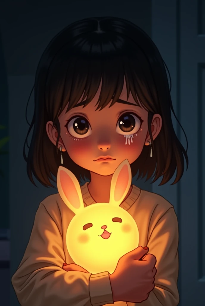 Her eyes well up with tears big, and she clutches her rabbit-shaped lantern tightly. 
