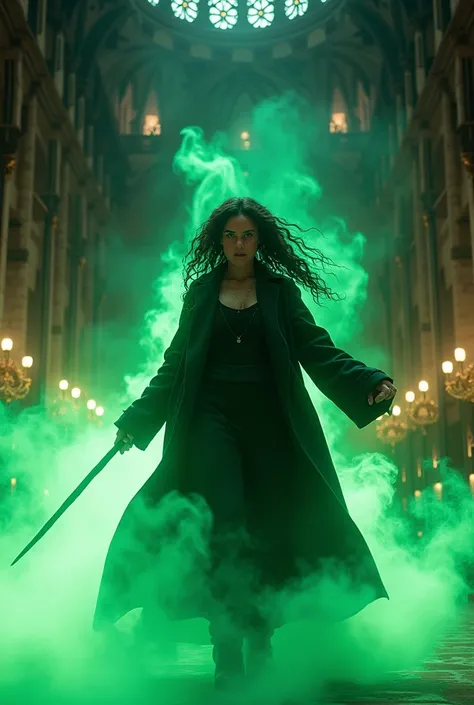 Actress Zoe Kravitz as Leta Lestrange surrounded by green flames by her wand floating in the great hall of hogwarts