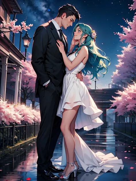 A romantic couple A tall strong man in a suit and tie with green eyes kneeling big blue hair long hair holding a rose smiling and in front of him a short girl with red eyes white dress mini skirt with long black hair black with her hands on her face excite...