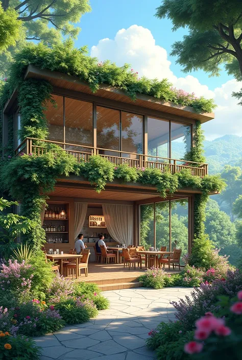 A cafe with many kinds of flowers. There are two floors. The upper floor has a half roof terrace. It is located in the suburbs. Can I have a wider open space? Can I have a horizontal one? Glass cafe.