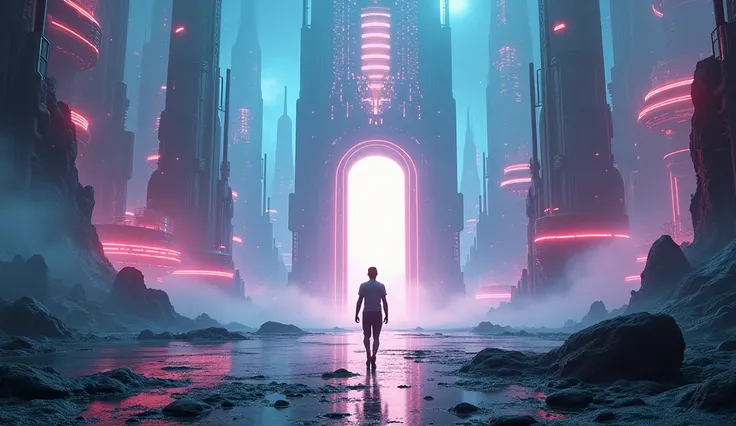 A wide shot of James walking into a vast, futuristic landscape beyond the gate. The environment is filled with floating platforms, neon-lit structures, and dynamic lighting effects.
James silhouette is small against the vast, glowing world ahead.