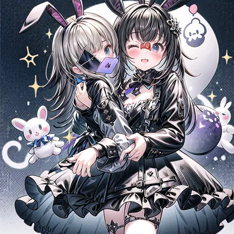 cute girl、black dress、flared cuffs、long sleeves、a gothic bunny doll in one hand、purple、