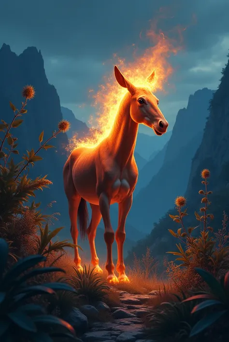 Create an image of a mule that has no head, in its place there is fire that illuminates the entire plant environment around it, creating a unique atmosphere. In the background you can see mountains. It&#39;s night and the mule is neighing