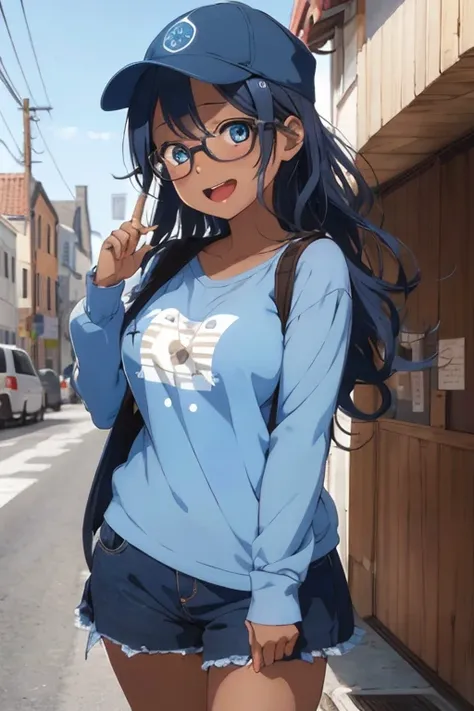 1 girl, blue wavy hair, long hair, blue eyes, blue long sleeve shirt, blue short short, blue cap, huge breast, thick legs, darker skin, brown skin, black skin, glasses, happy face, open mouth, blue sky, town