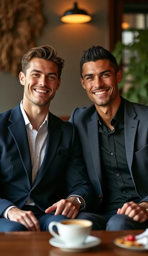 A young man wearing a suit is sitting on a cafe sofa.. With cristiano ronaldo. Model smiles facing the camera. realistic photo. Photo taken from a distance. Di meja ada kopi dan makanan. 