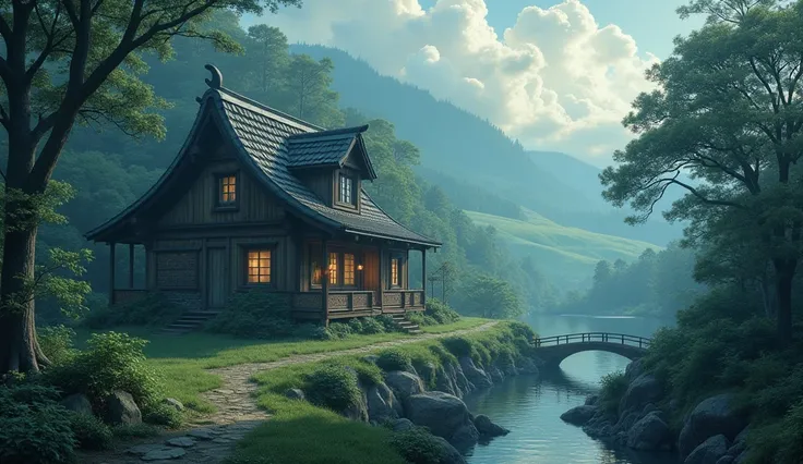 Village where Japanese monsters hide、Fantasy、Mysterious、Soft Light、countryside、Watermill Cottage