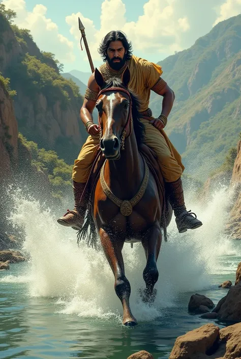 hetak crossing the river with Maharana Pratap: Illustrate Chetak, with an injured leg, crossing a wide river or stream, his hooves splashing through the water, while Maharana Pratap clings to his back. The surrounding landscape is hilly, giving a sense of ...