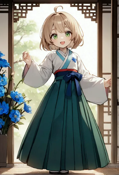 1girl, petite, light brown hair, green eyes, hanbok, korean clothes, smile, open mouth, skirt, short hair, ahoge, long sleeves, androgynous, hakama skirt, looking at viewer, bow, blue flower, flower ornament 