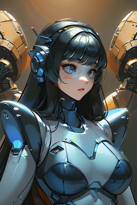 (masterpiece),(Highest quality),(Super detailed),(Best illustrations),(Best Shadow),(Absurd),(Detailed Background),(so beautiful), 16K, 8K, 4K,(Best Shadow),empty eyes,robotization,woman ,big bust,Robot Joint ,Metal skin,Black Suit,long hair,a black suit t...